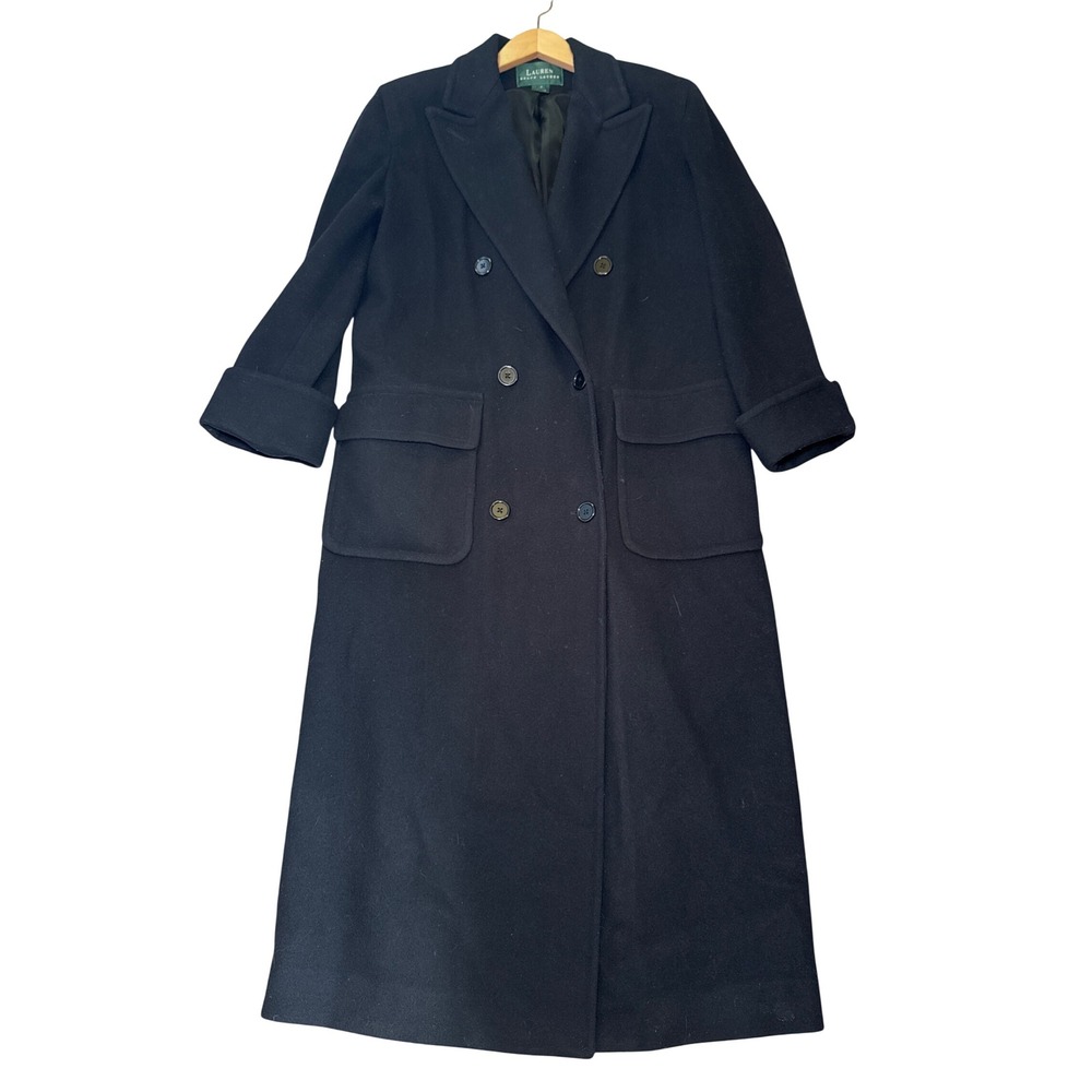 Lauren Ralph Lauren Black 100% Wool Double Breasted Long Trench Coat Womens 4
